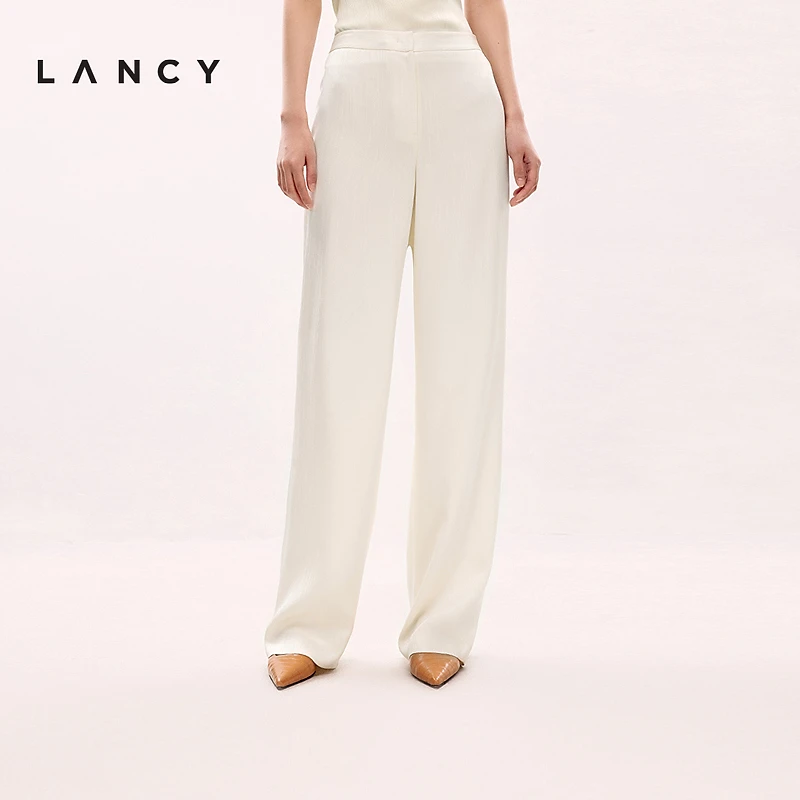 LANCY/朗姿2025年夏新款气质高腰显瘦直筒阔腿裤休闲白色西装裤女