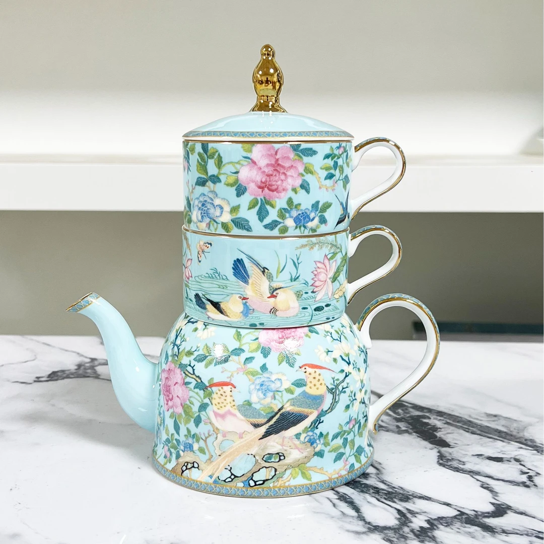 【奇居铜饰】骨瓷百鸟和鸣双杯叠壶 一壶2杯套装#F9508M-1