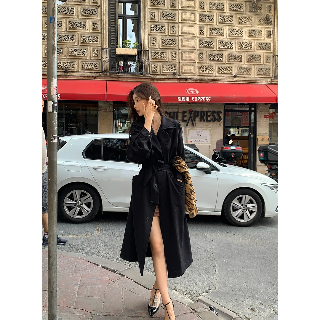 ACHI大也池黑色重工天丝棉翻领风衣女经典英伦高级感宽松长款外套