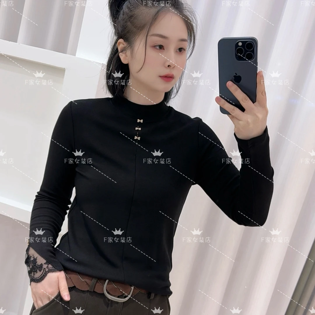 【K888】秋冬钉珠蕾丝袖磨毛半高领纯色修身百搭内搭打底上衣女
