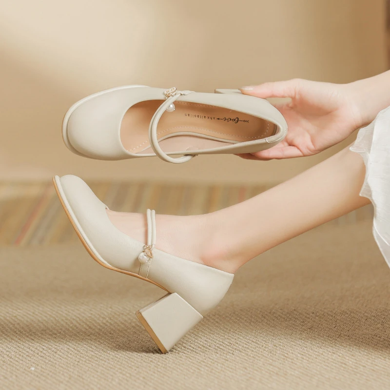 旗袍鞋子玛丽珍单鞋女2024新款仙女粗跟高跟鞋软皮晚晚温柔