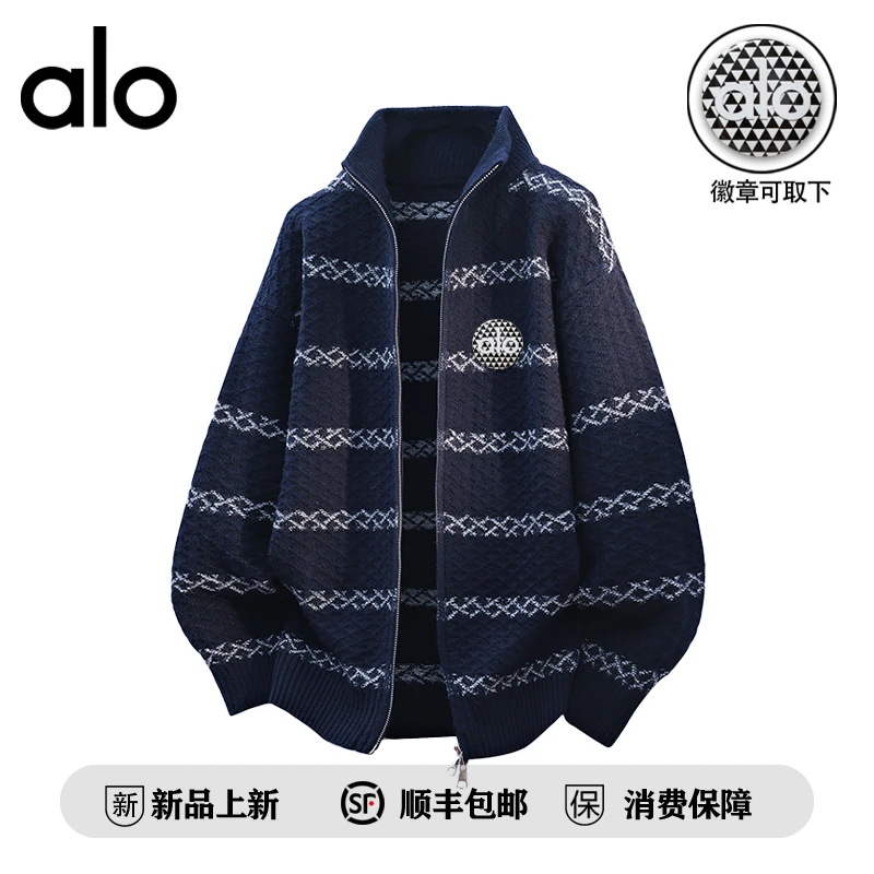 【官方奥特莱斯】alo潮牌 条纹毛衣开衫男秋冬季新款宽松保暖针织衫