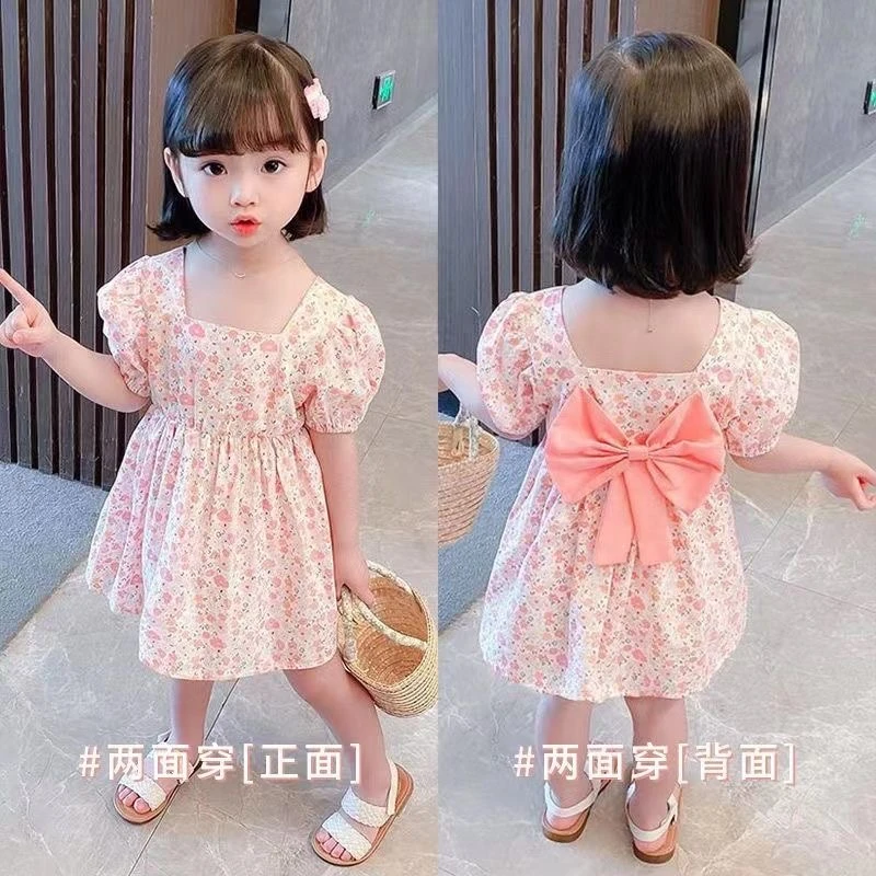 女童蝴蝶结连衣裙2025新款儿童碎花夏装洋气小女孩公主裙小清新
