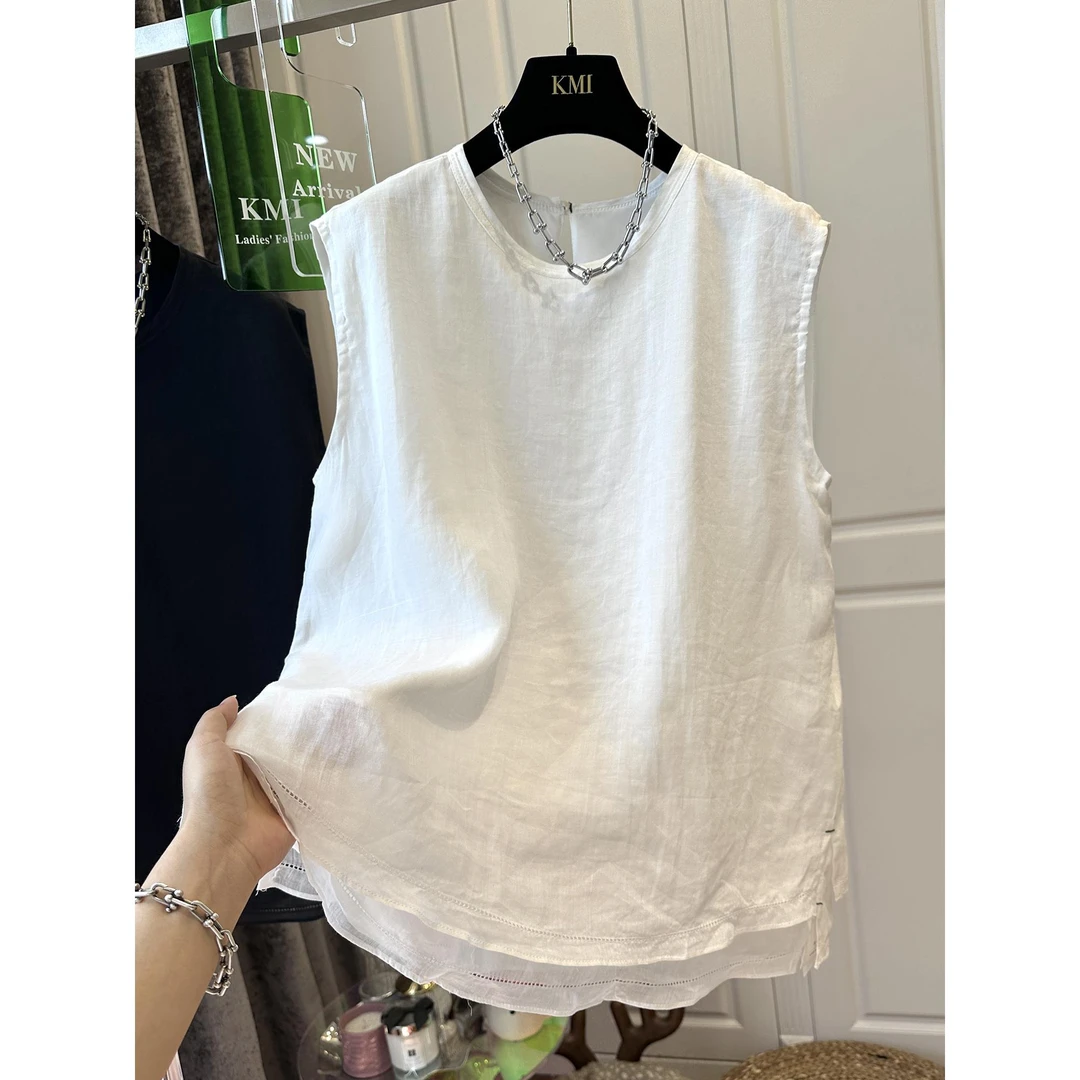 大码300斤法式夏白色圆领假两件麻料无袖镂空背心衬衫男上衣宽松