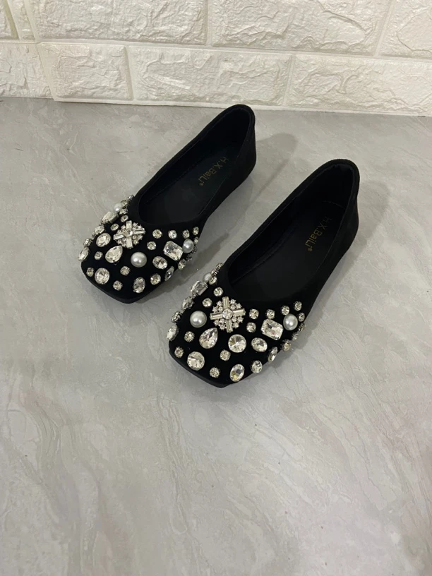 201羊京绒新款温柔气质仙女风方头水钻平底伴娘鞋婚鞋