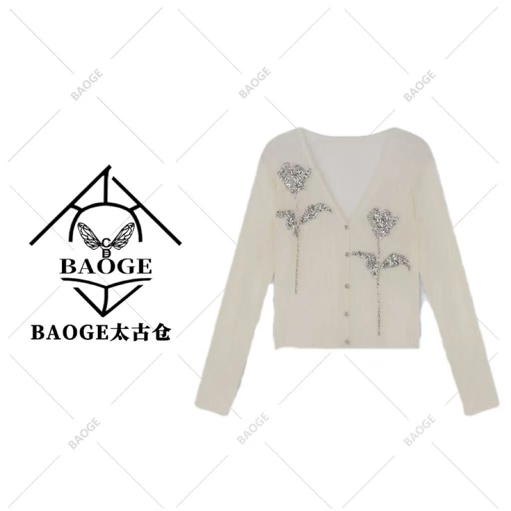 【BAOGE太古仓】柔光氧气高定串珠亮片花朵修身v领冰丝小开衫V29211