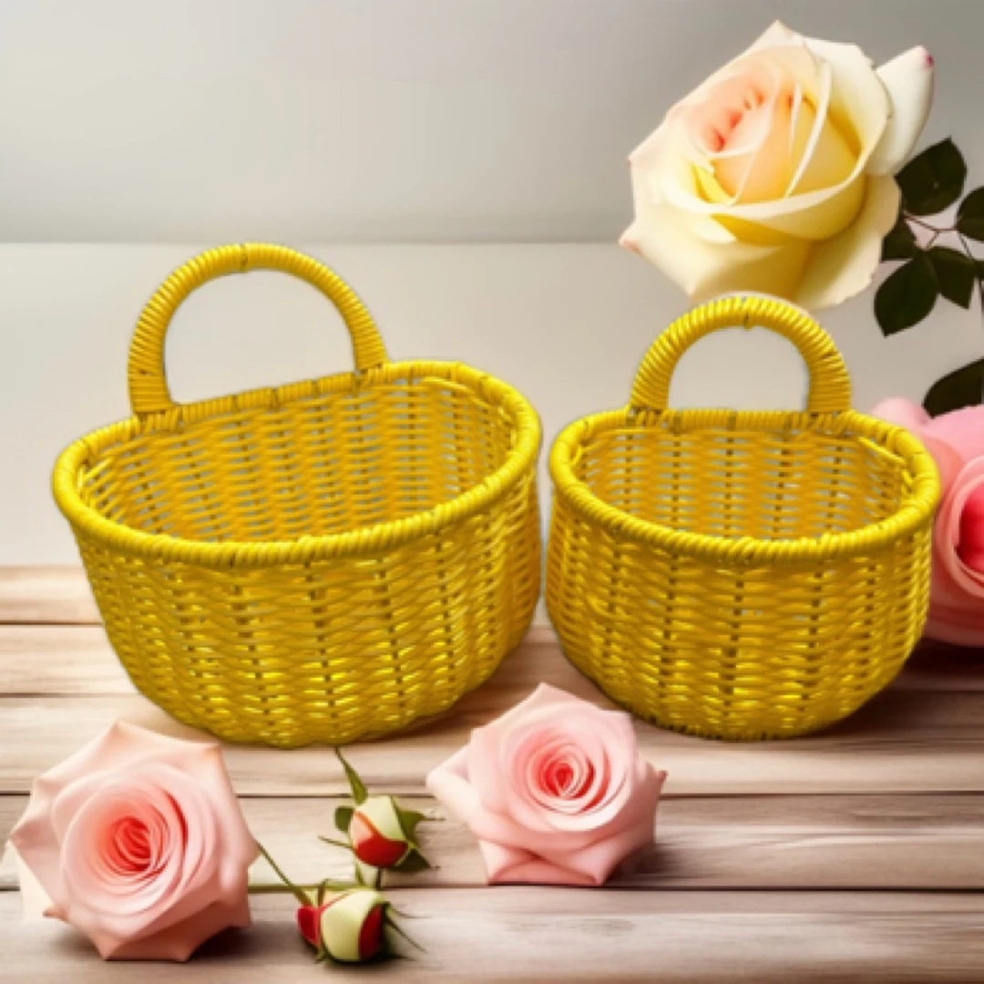 壁挂篮黄色两件套】仿藤手工编织篮子简约植物小花篮钥匙姜蒜壁挂