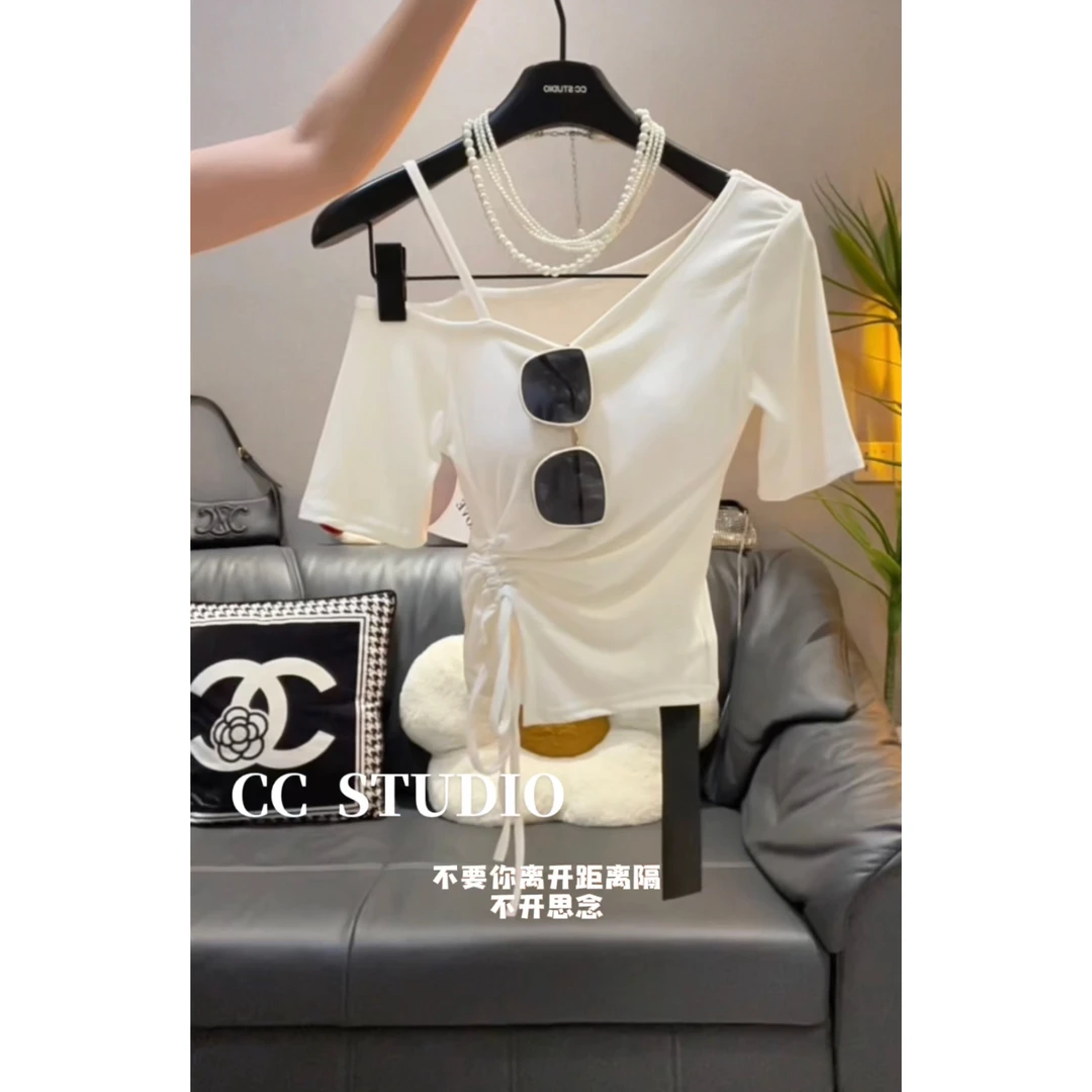 露肩抽绳短袖T恤女夏季2025新款别致辣妹锁骨一字肩上衣纯欲短款