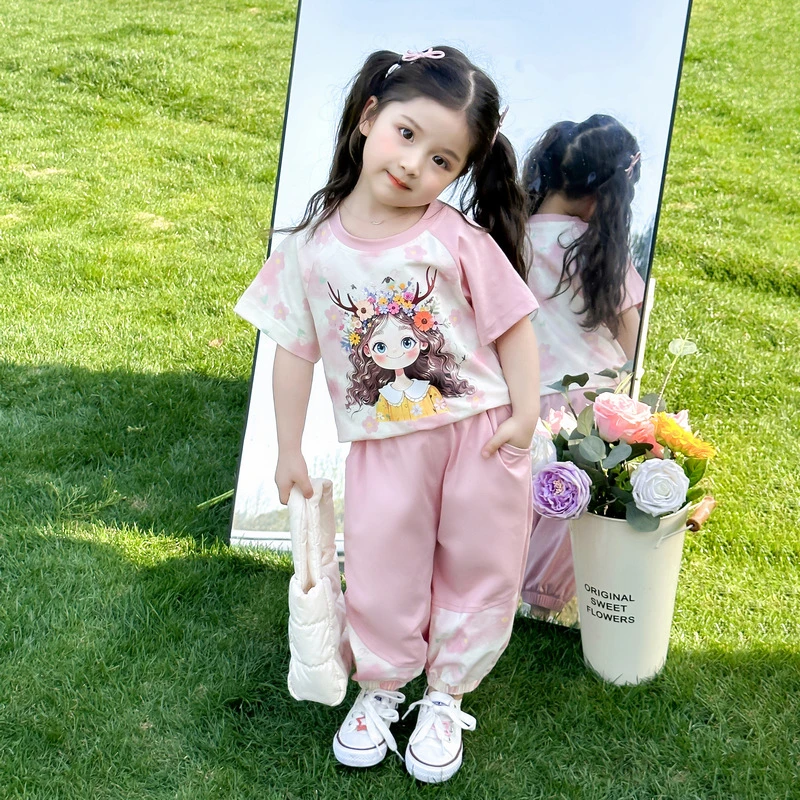 女童短袖套装洋气儿童夏季2025新款女宝宝休闲裤两件套小女孩时髦