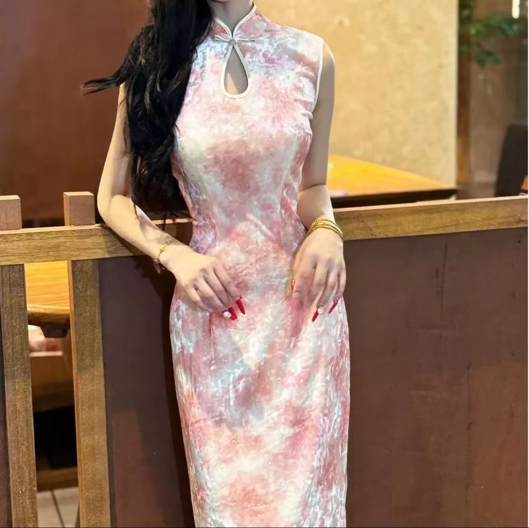【赏花蓝月】潇夫人自制丝绒显瘦无袖港工秋季旗袍连衣裙气质复古