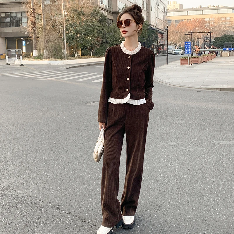 复古洋气咖色时尚套装女春秋2025新款灯芯绒上衣外套阔腿裤两件套