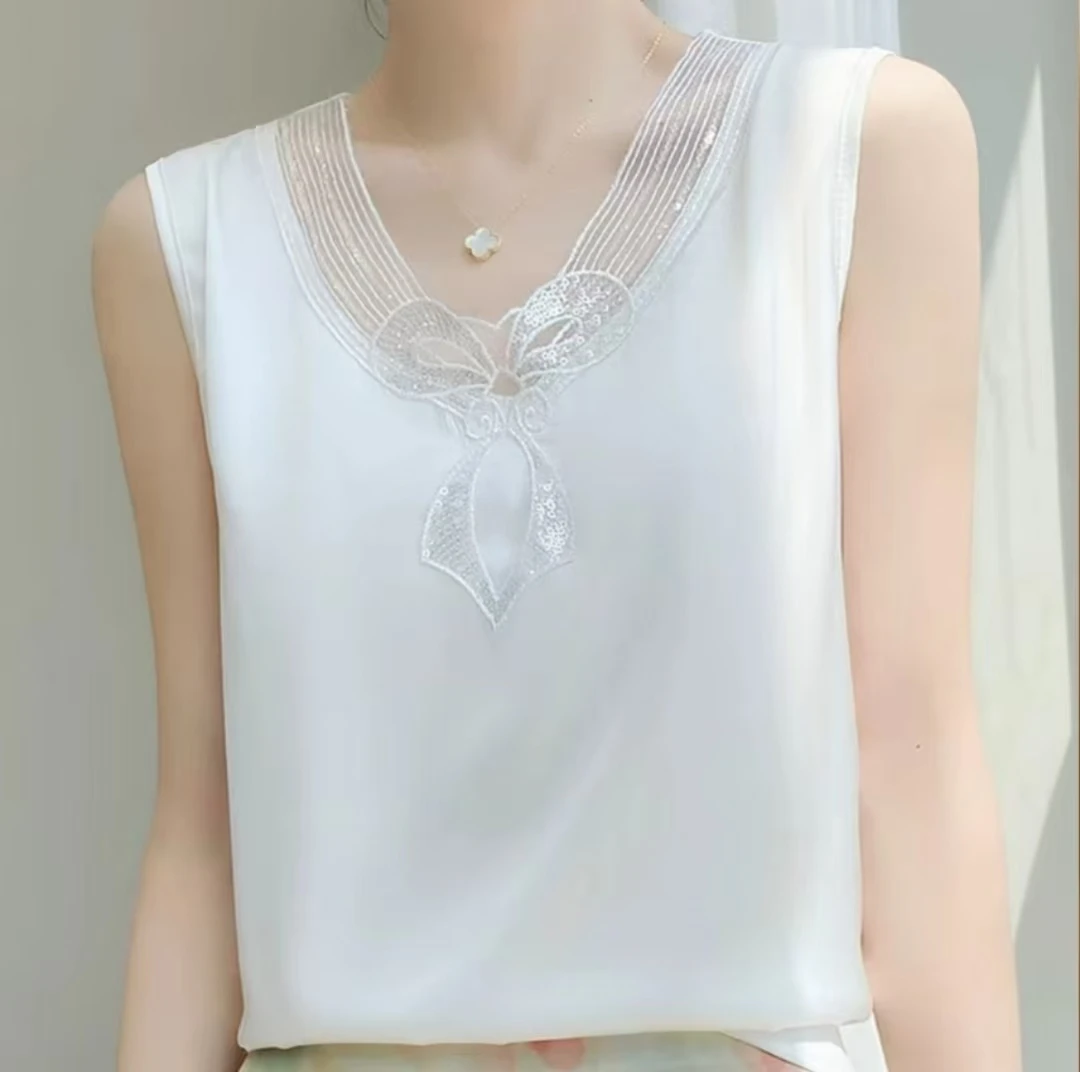 夏季新款蝴蝶亮片蕾丝吊带背心女大码无袖缎面西装内搭