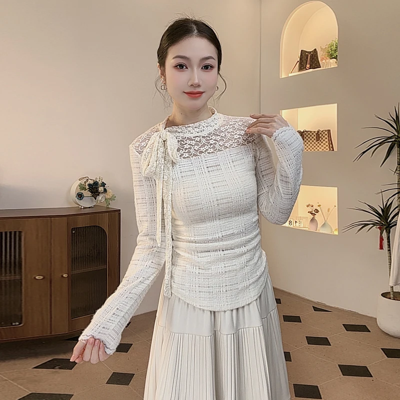 冬季法式设计感气质修身纯欲蝴蝶结飘带上衣