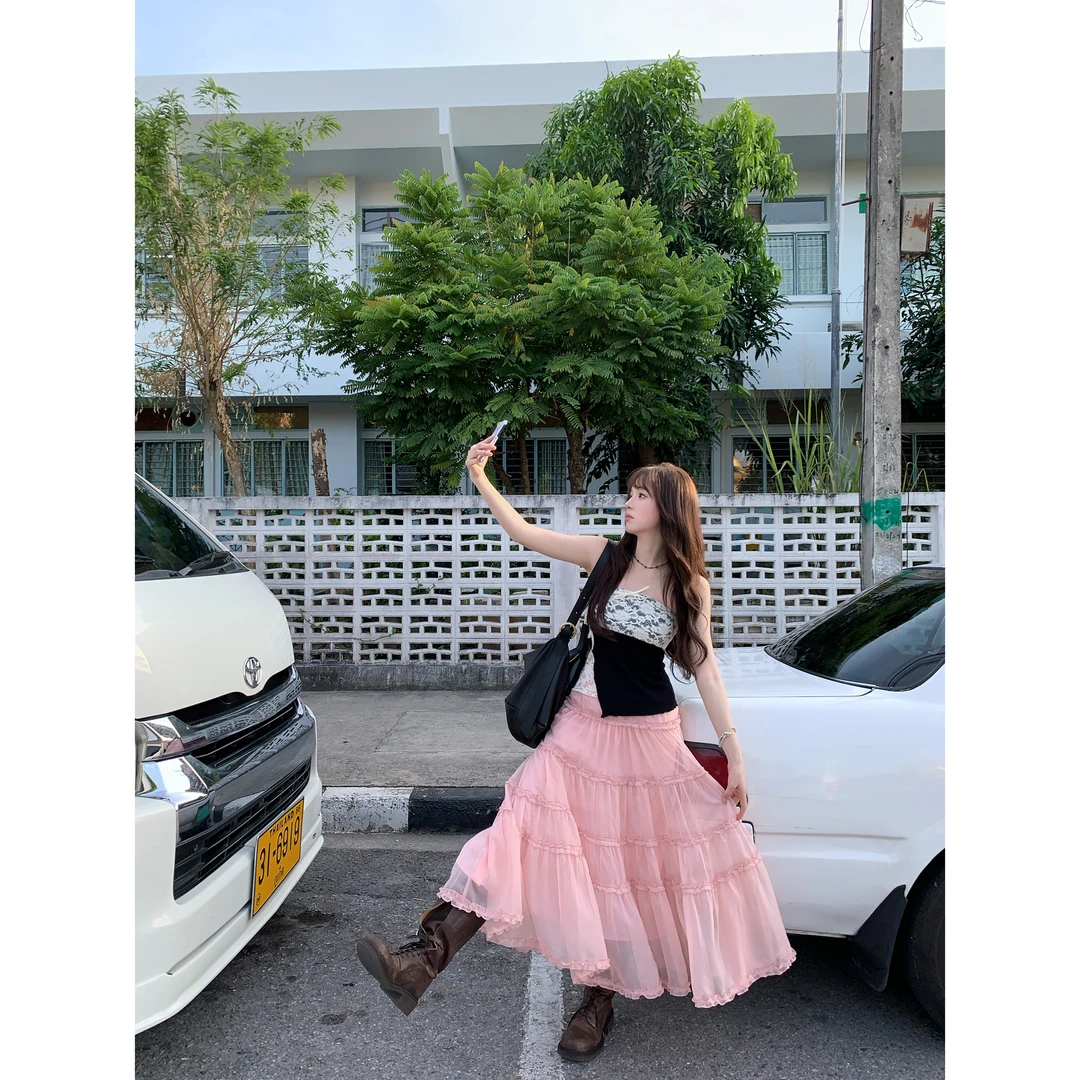 neurcz 法式粉色少女感春季显瘦甜美设计感长裙半身裙 JAY80029