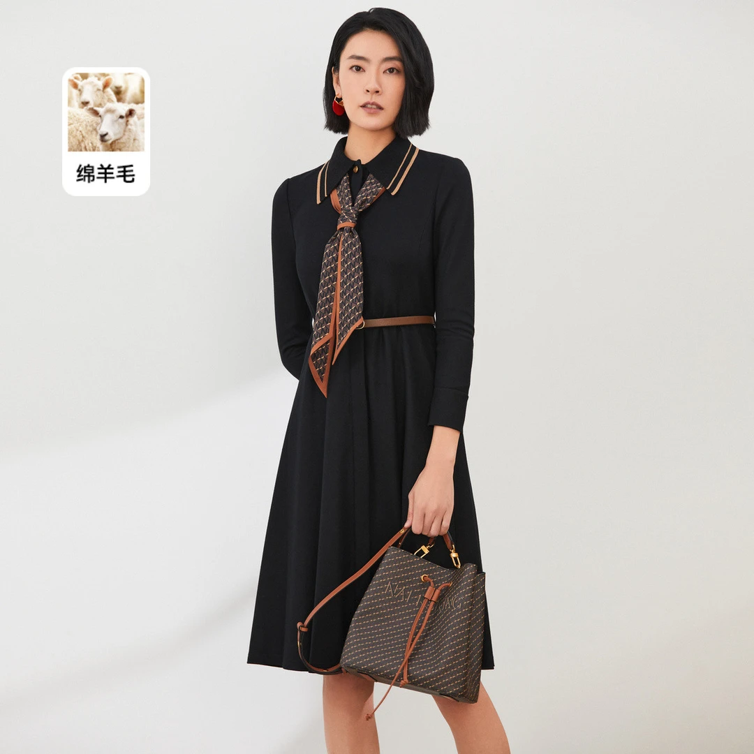 【婷婷专属】【含羊毛】春秋甜美减龄撞色领薄呢衬衫裙女