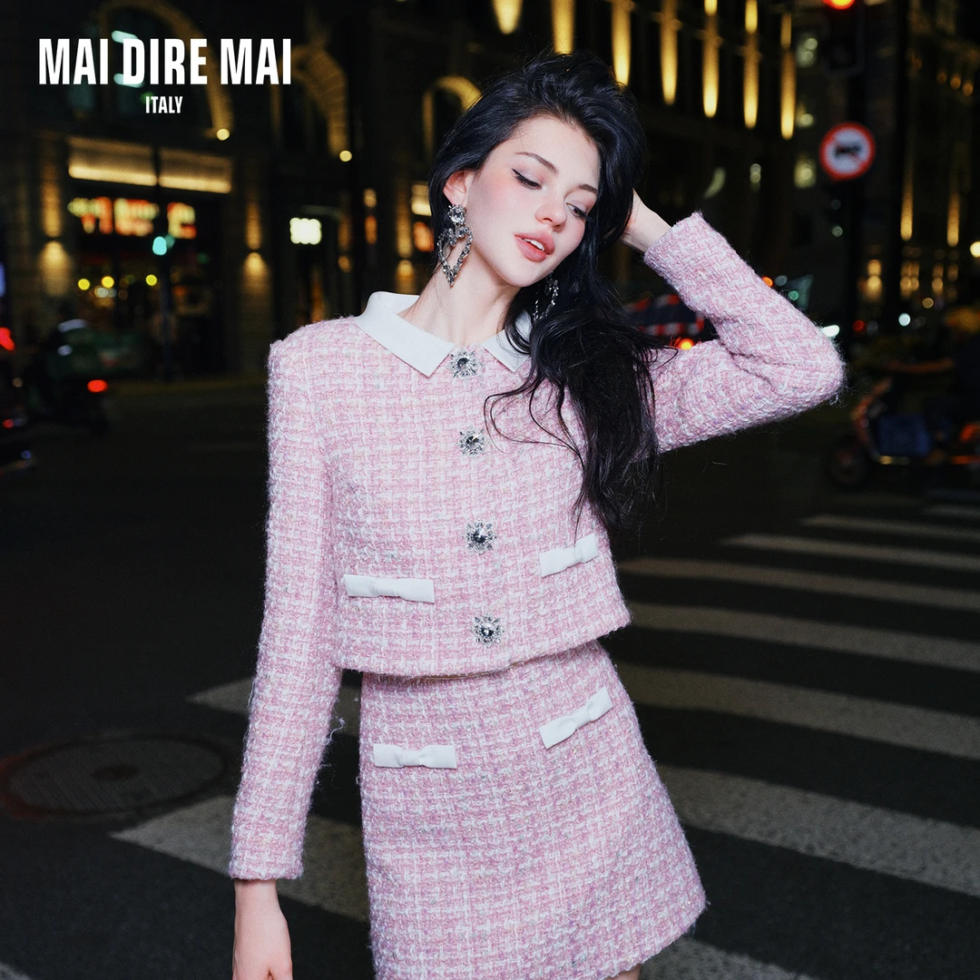 MAI DIRE MAI小香风粗花呢拼接蝴蝶结长袖外套高腰半裙女秋冬套装