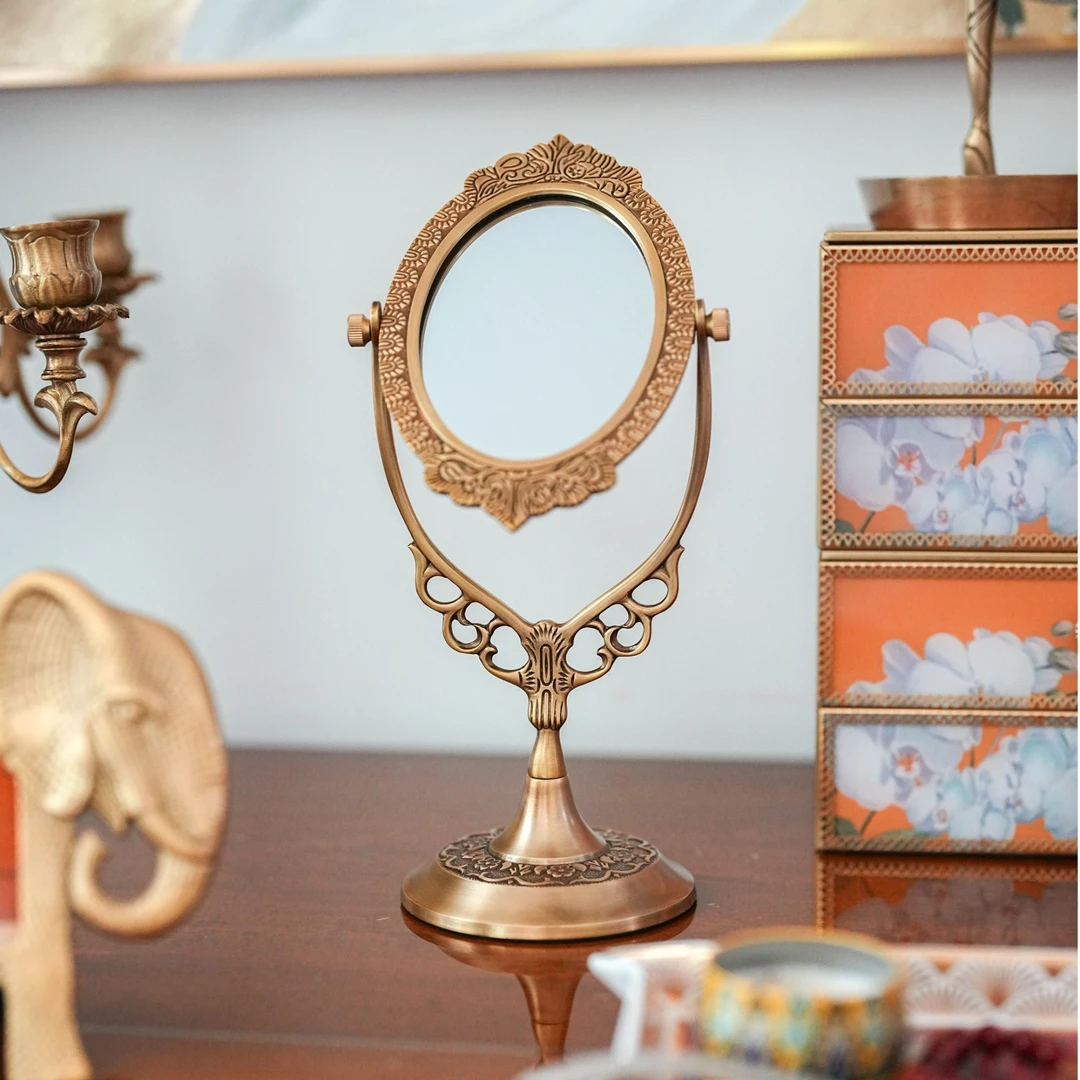 【奇居铜饰】法式精雕黄铜梳妆镜 轻奢高档家用梳妆台高清化妆镜#GY