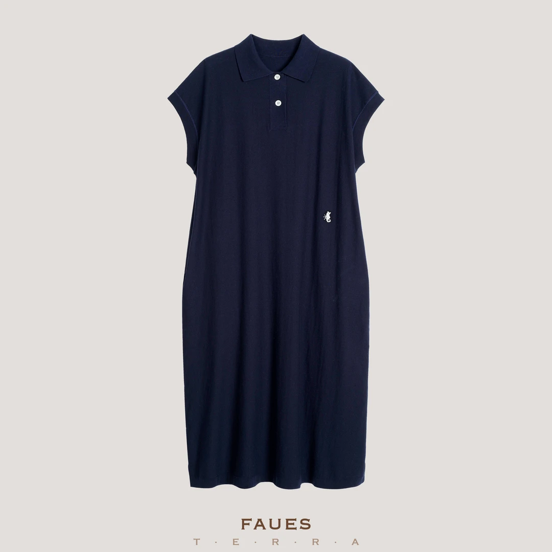 FAUES 朔汐 海马刺绣全棉针织文艺休闲轻薄舒适Polo中长款连衣裙