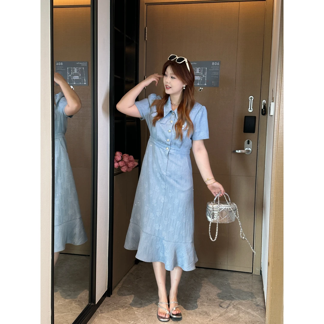 楠序乔乔女装 夏季新款polo领荷叶边显瘦气质法式连衣裙女DD10396