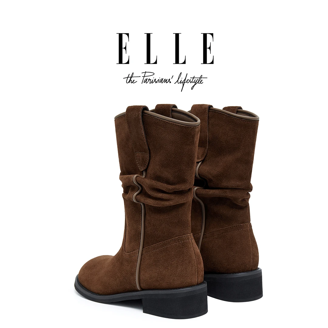 ELLE流光风堆堆靴女2025新款美拉德西部牛仔靴新疆旅游草原骑士靴
