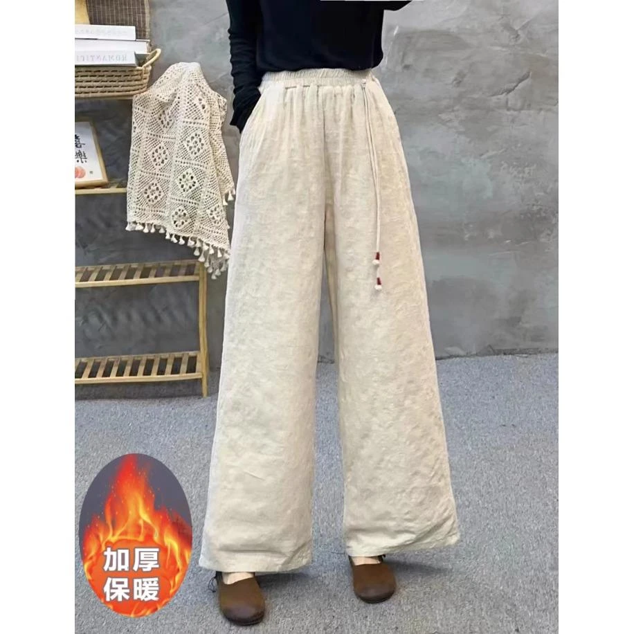 中国风覆古提花棉麻夹棉直筒长裤女冬季加厚保暖宽松百搭外穿棉裤