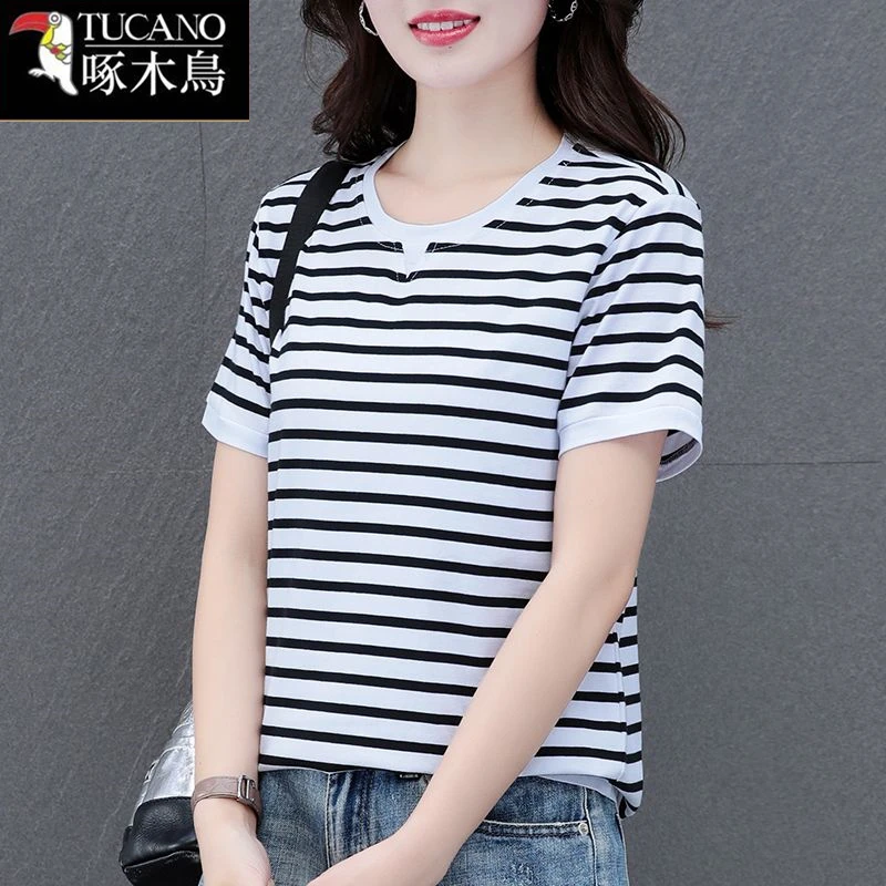 啄木鸟圆领短袖条纹撞色T恤时尚百搭上衣2025年夏季新款打底衫女