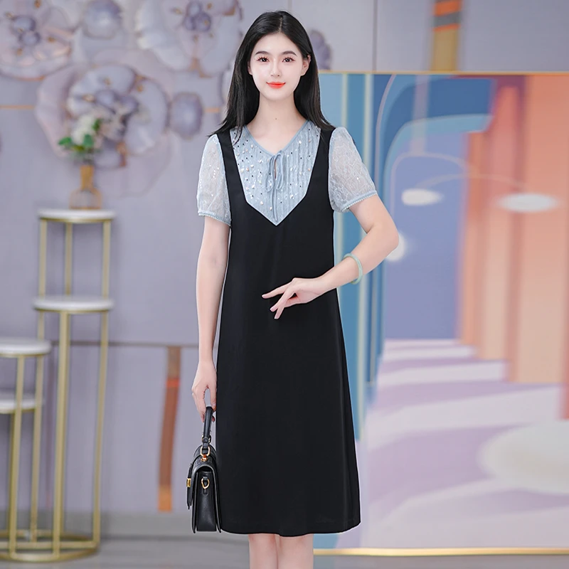 连衣裙新款夏季显瘦裙气质拼色设计感优雅中长款裙子女