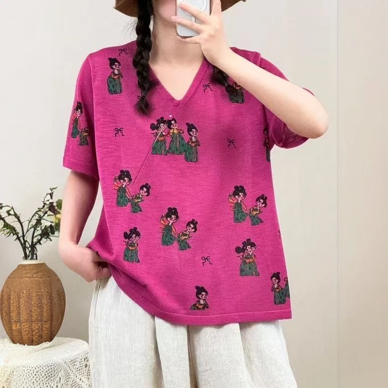 毛针织衫宽松水洗圆领毛衫时尚宽松型夏季常规款印花大码女套头