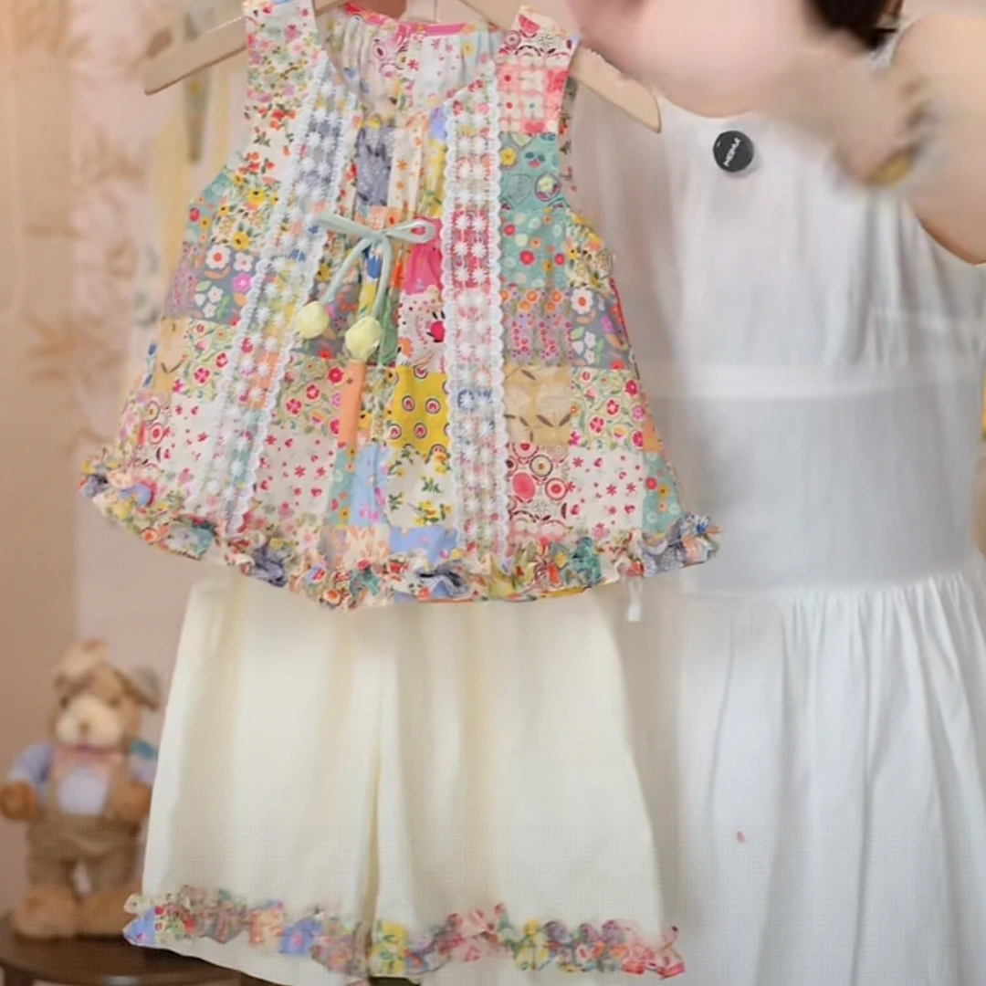 女童夏季新款2025中式夏装套装时尚无袖上衣洋气短裤两件套宝宝爆