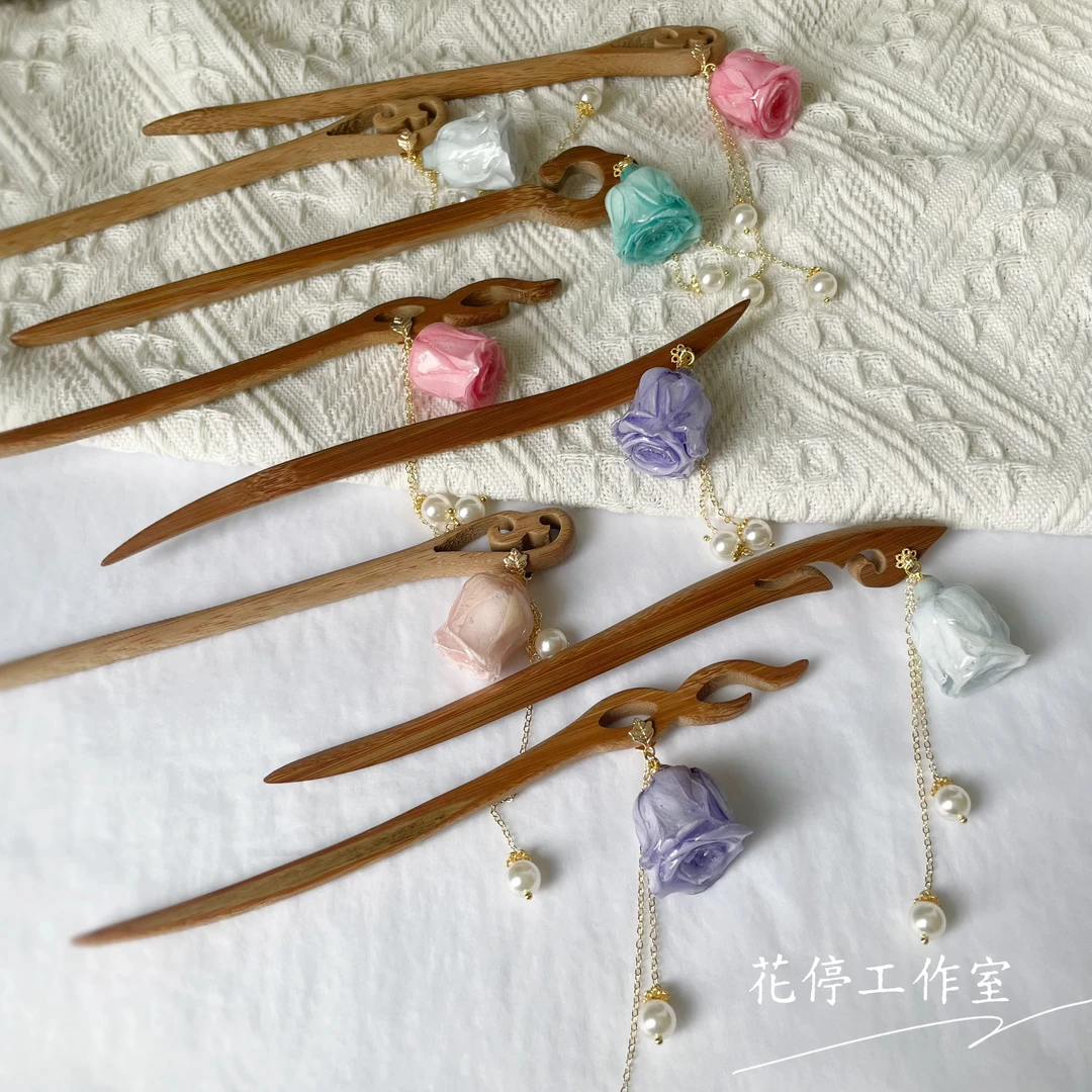 花停新款玫瑰花竹簪原创手工百搭木簪 流苏简约古典发簪配饰
