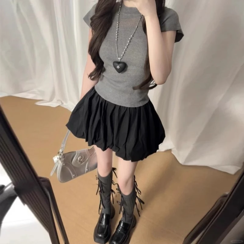 黑色花苞短裙女夏季2025新款高腰a字泡泡蓬蓬裙小个子蛋糕半身裙