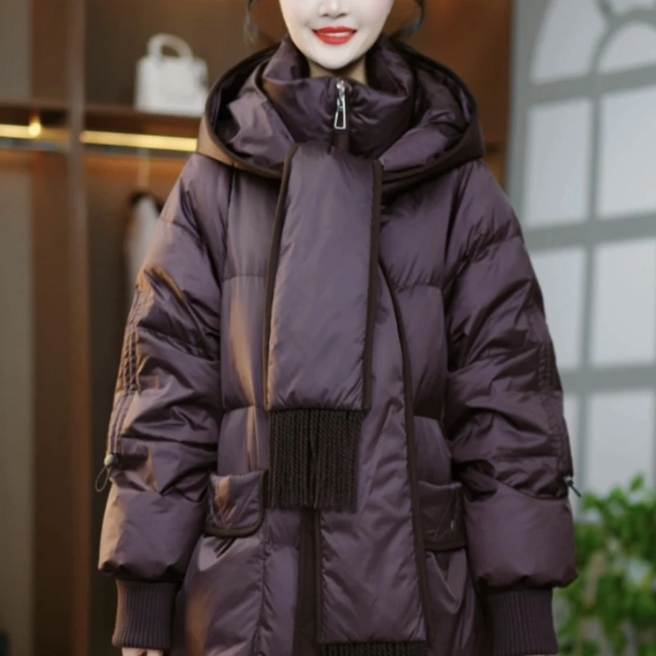 冬季设计感围巾连帽优雅百搭白鸭绒羽绒服8506紫色