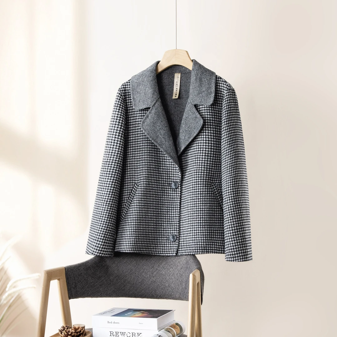 【100%绵羊毛】数兰朵新款毛呢格子双面羊毛外套 西装领毛呢短西服