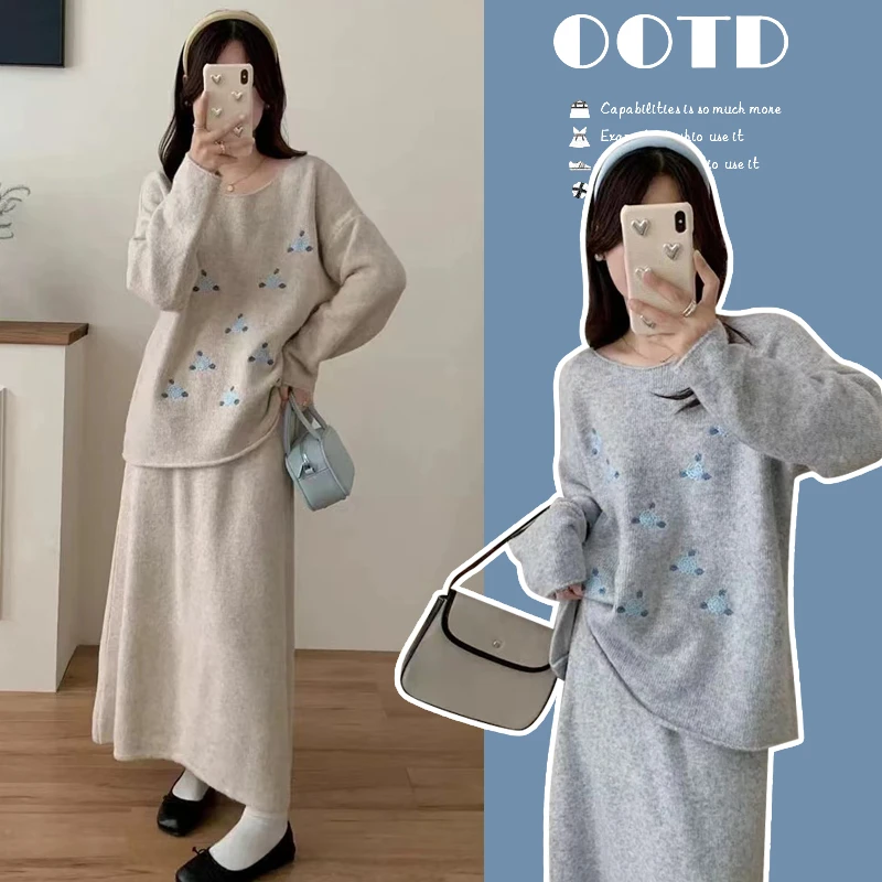 2025新款秋冬孕妈刺绣上衣＋半裙针织毛衣慵懒温柔风时尚宽松套装