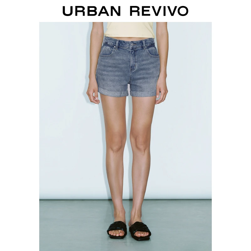UR2025新款女装时尚复古休闲洗水收腰卷边牛仔夏日短裤UWM850069