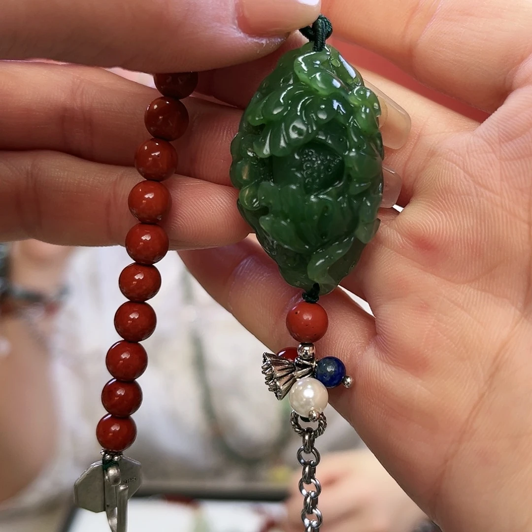 和田玉（碧玉）手链未镶嵌牡丹