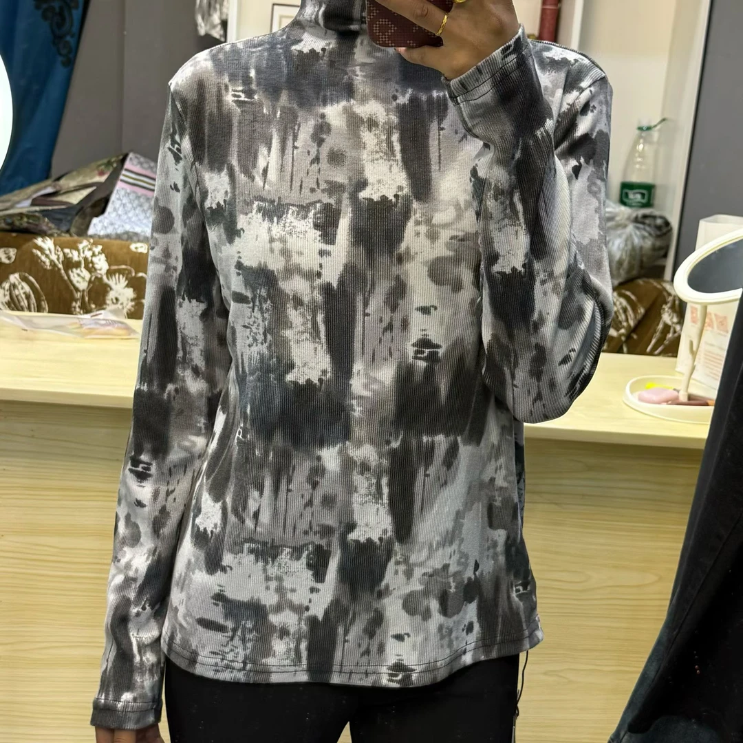 老钱风长袖修身型圆领拼接女T恤女士时尚保暖休闲