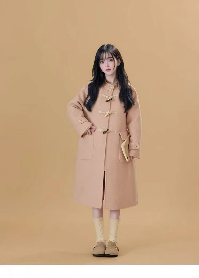 韩版连帽百搭毛呢外套毛呢牛角扣双面呢大衣秋冬长款86039