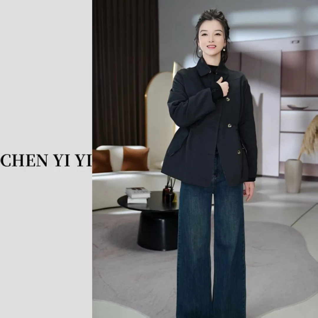 冬季翻领加棉风衣外套2025新款百搭时尚收腰显瘦棉服