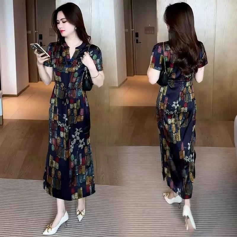 时尚妈妈低开叉高腰夏季长裙V领连衣裙遮肚印花碎花显瘦气质洋气