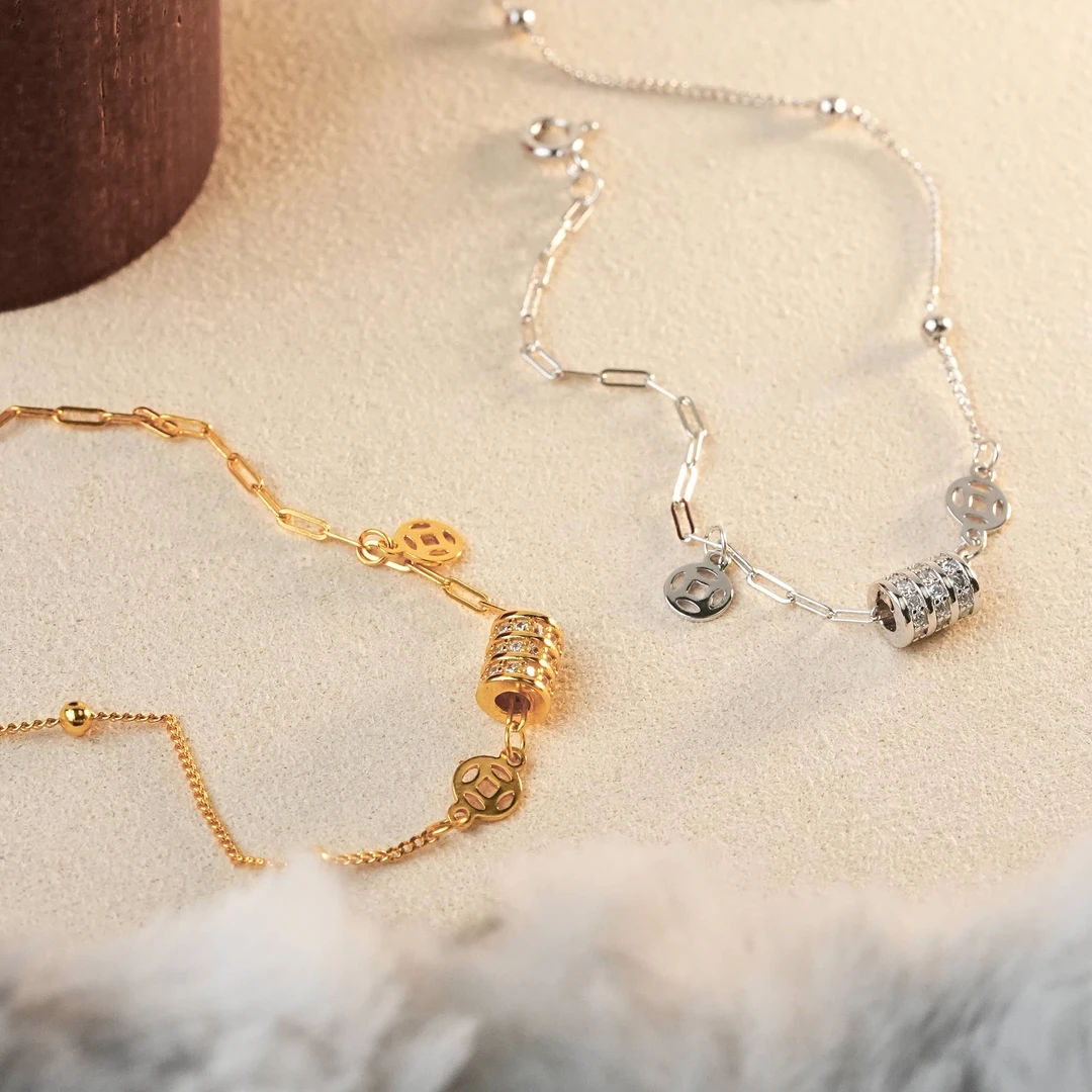 丽沁 925银手链 小蛮腰手链铜钱银豆气质轻奢时尚百搭复古简约