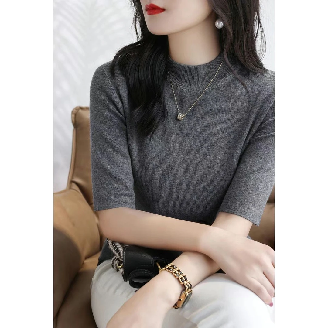 半高领高级灰色五分袖春秋针织打底衫女新款正肩内搭修身中袖上衣