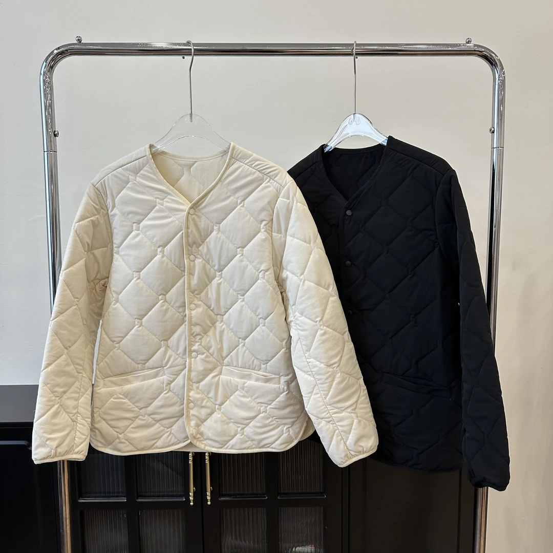 （通勤必备棉服）女无领轻薄款绗缝棉服正肩秋冬厚外套含羊毛夹层