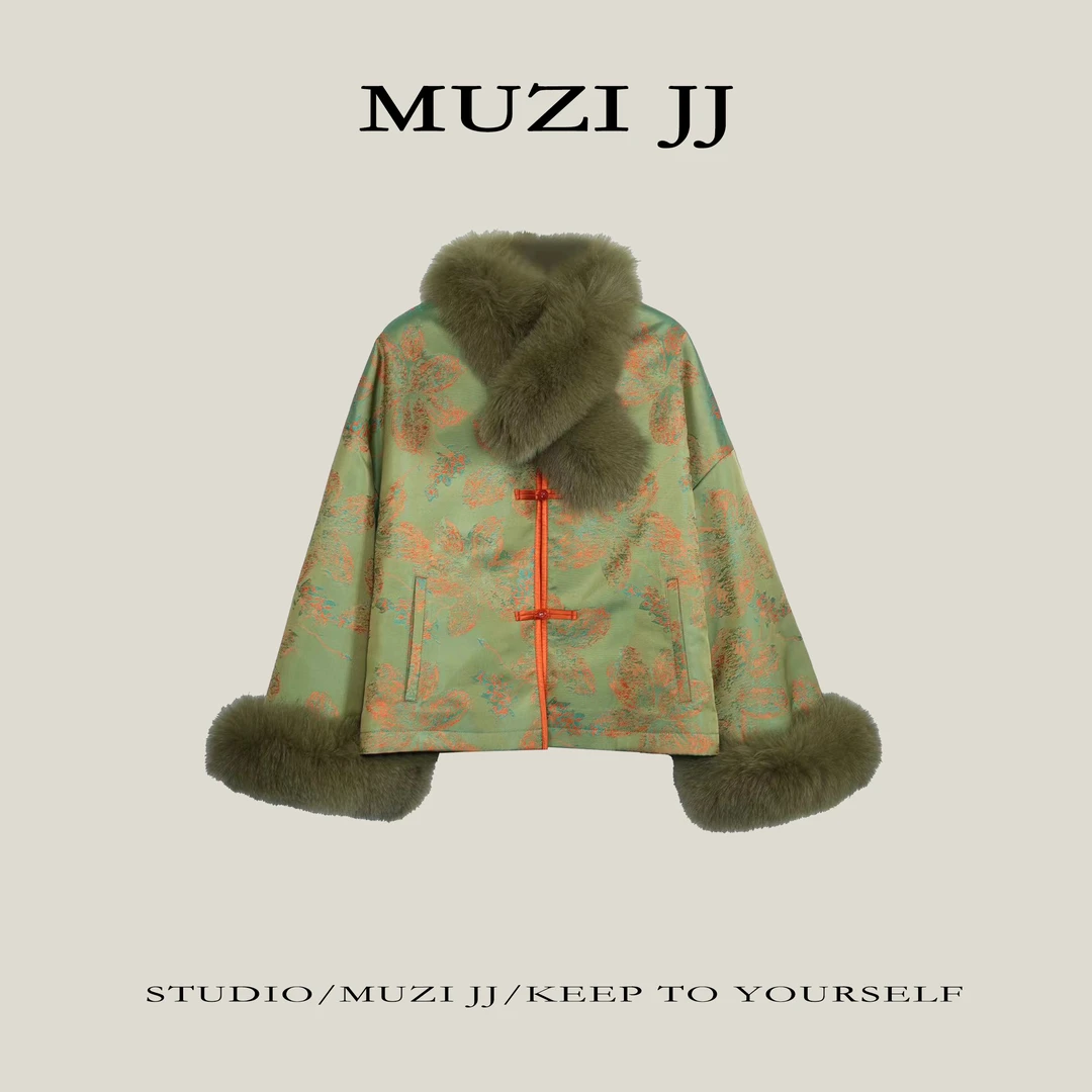 MUZI-8539#新中式气质拼色提花毛领盘扣宽松保暖外套