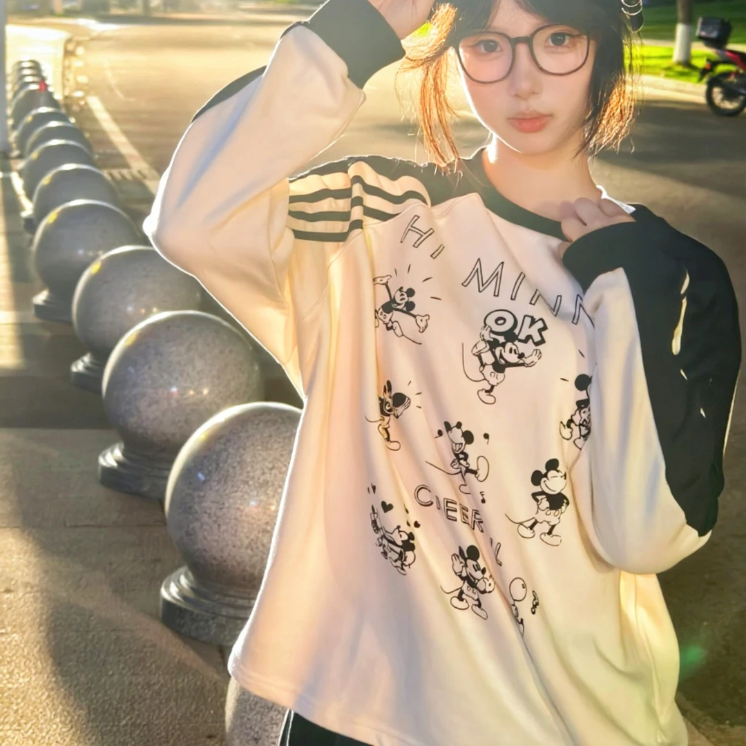 美式慵懒风卡通印花条纹插肩袖卫衣女秋冬季宽松显瘦圆领上衣