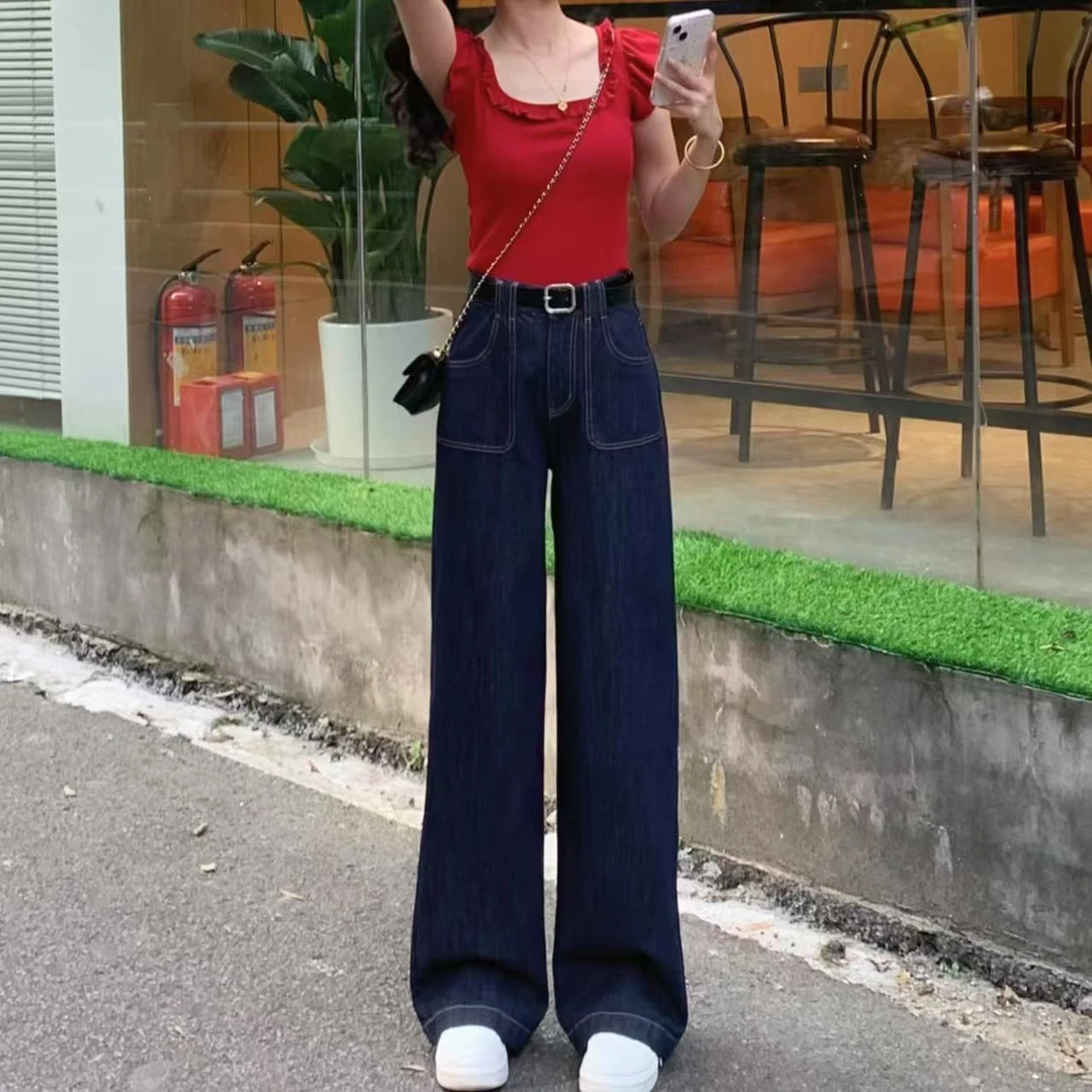 【送腰带】2025新款丹宁蓝牛仔裤女高腰显瘦百搭直筒裤宽松阔腿裤