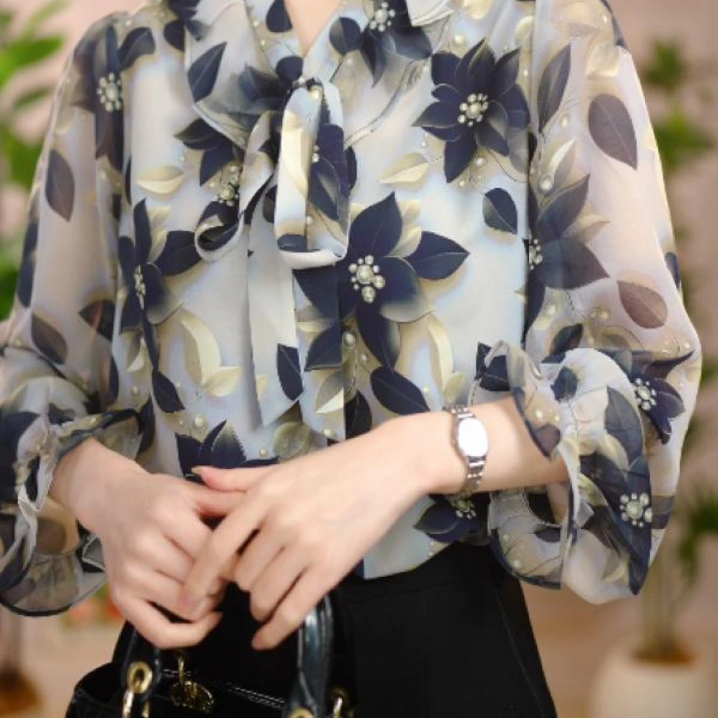 2025新款黑珍珠优雅气质典雅衬衫春夏款衬衣长袖洋气宽松印花