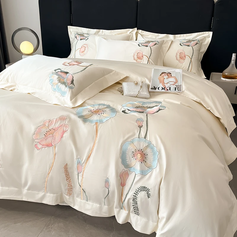 轻奢春夏新款亲肤棉刺绣四件套高级感成人居家四季款舒适被套床单
