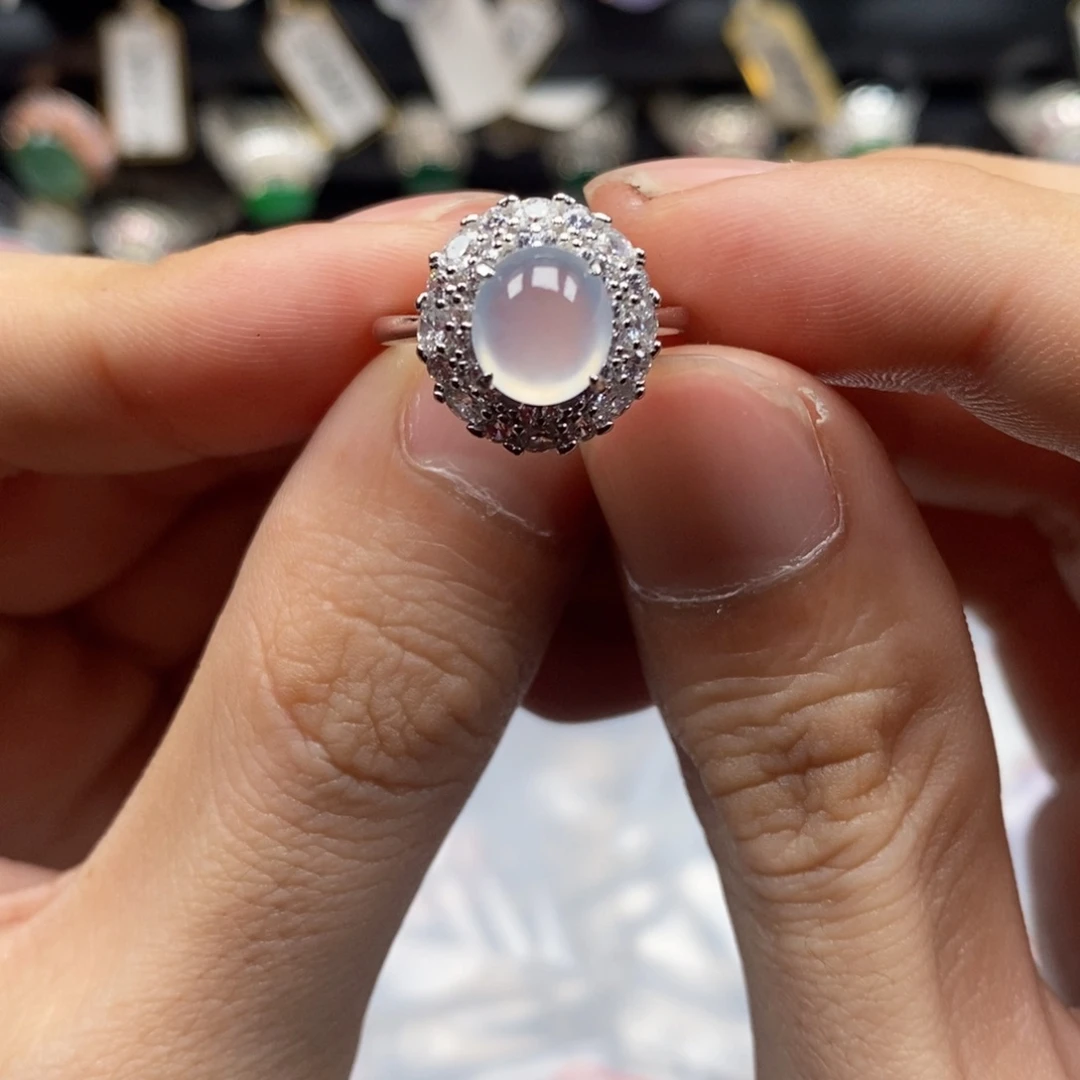 翡翠戒指银S925镶嵌天然缅甸翡翠a货