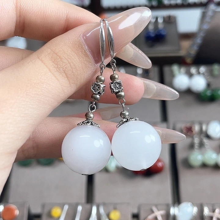 石英质玉（金丝玉）银S925镶嵌耳饰16左右